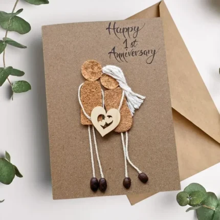 Handmade Personalised Anniversary card made from cork and decorated with wooden heart. Made in the UK.