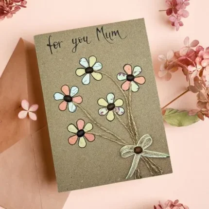 Special Handmade Card for Mothering Sunday with Unique Flowers made of paper and coffee beans.