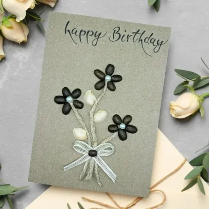 Luxury Personalised and Unique Birthday Card for Her with Flowers made of coffee beans, pistachio shells and cotton string on brown eco-friendly paper.