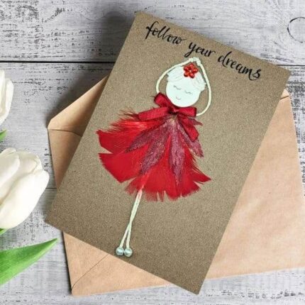 Beautiful Stunning Handmade Card for Her decorated with bright red feathers and a dry leaf.