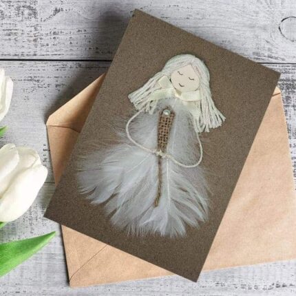 Unique Pure White Feather Handmade Card For Her featuring a pure white feather and a delicate white flower, designed for a special occasion for her.